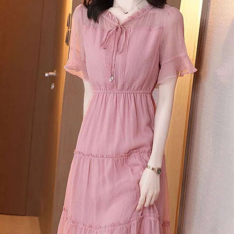 Casual Solid Color Chiffon Midi Dress Women's Clothing Summer New A-e Fashion Ruffles Patchwork Korean Drawstring Bow Dresses