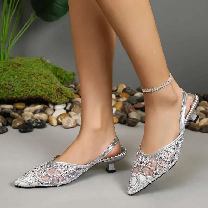 2025 Summer New High Mesh Dress Designer Fashion High Heels Women's Pointed Thin Heels Women's Sandals