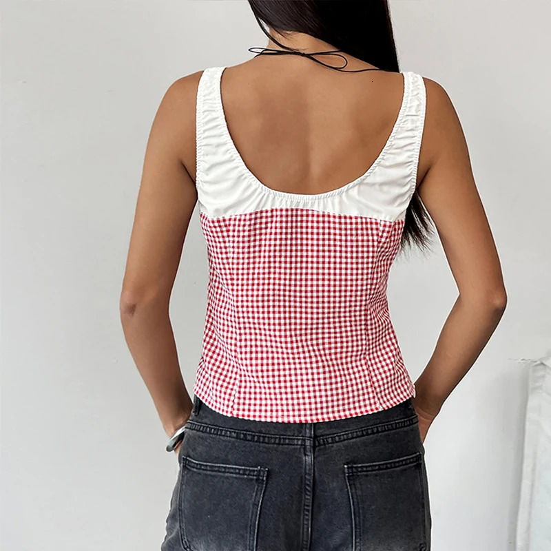 Conciso womens Y2k summer vest top ginkgo square neckline sleeveless lace without back red mesh sexy ultra-thin corset streetwear club 250321