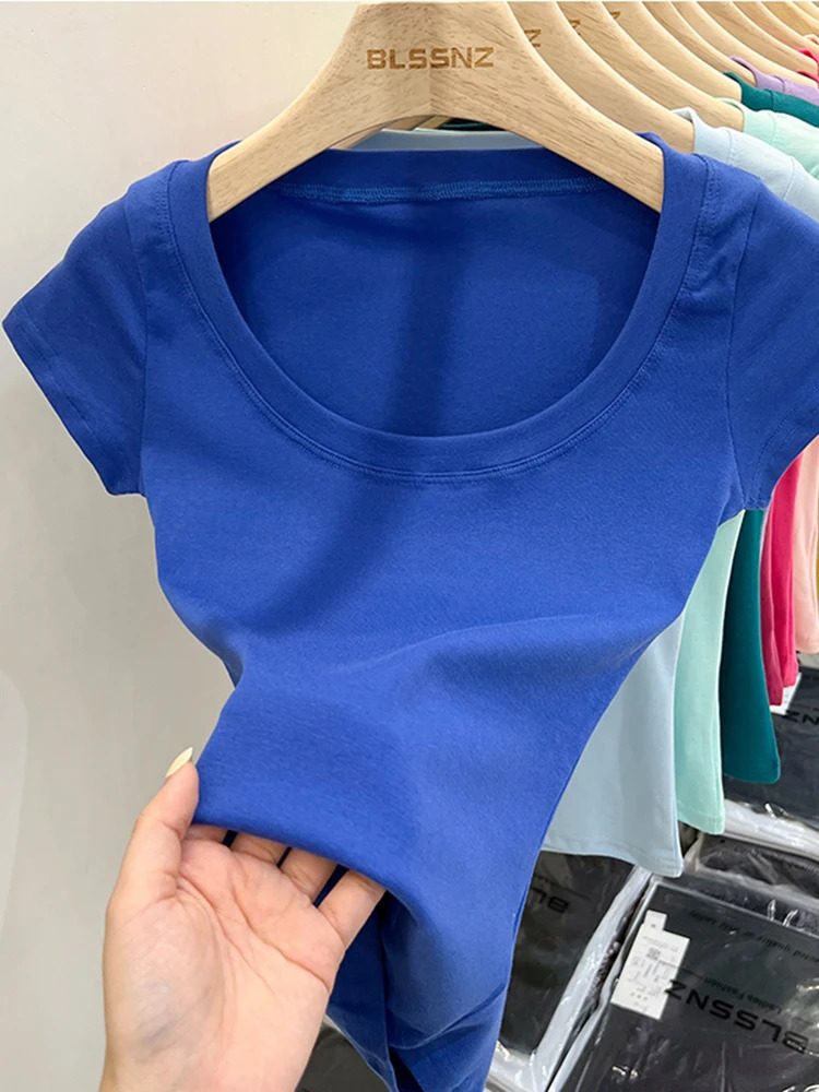 sexy square neckline ultra-thin T-shirt for womens cotton elastic basic solid womens casual top short sleeved ultra-thin T-shirt 250321