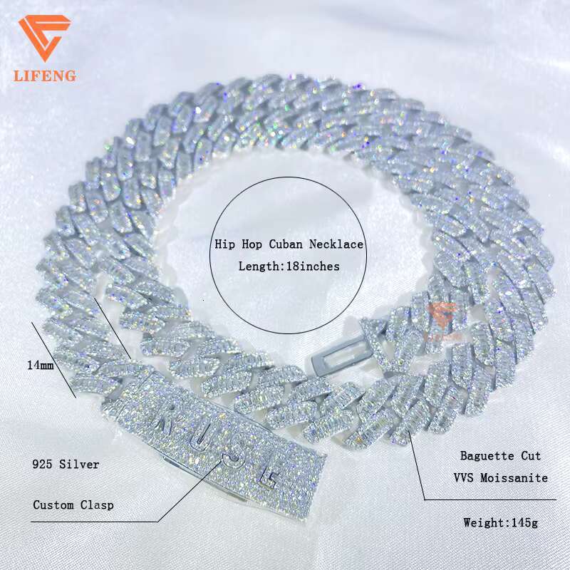 Custom Clasp Letter Fashion Cuban Link Chain 14mm Baguette Cut Moissanite White Gold Cuban Necklace 925 Sterling Silver Necklace