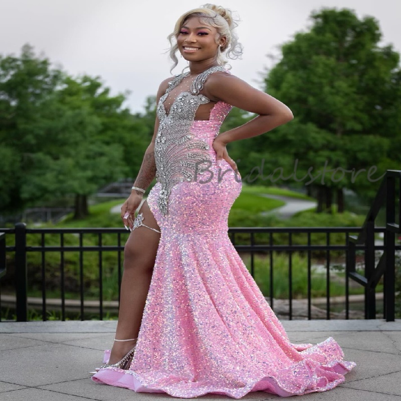 Ornate Pink Sequined Prom Dress With Slit Plus Size African Mermaid Evening Dress Black Women Dance Formal Occasion Bespoke Birthday Party Gown Vestio