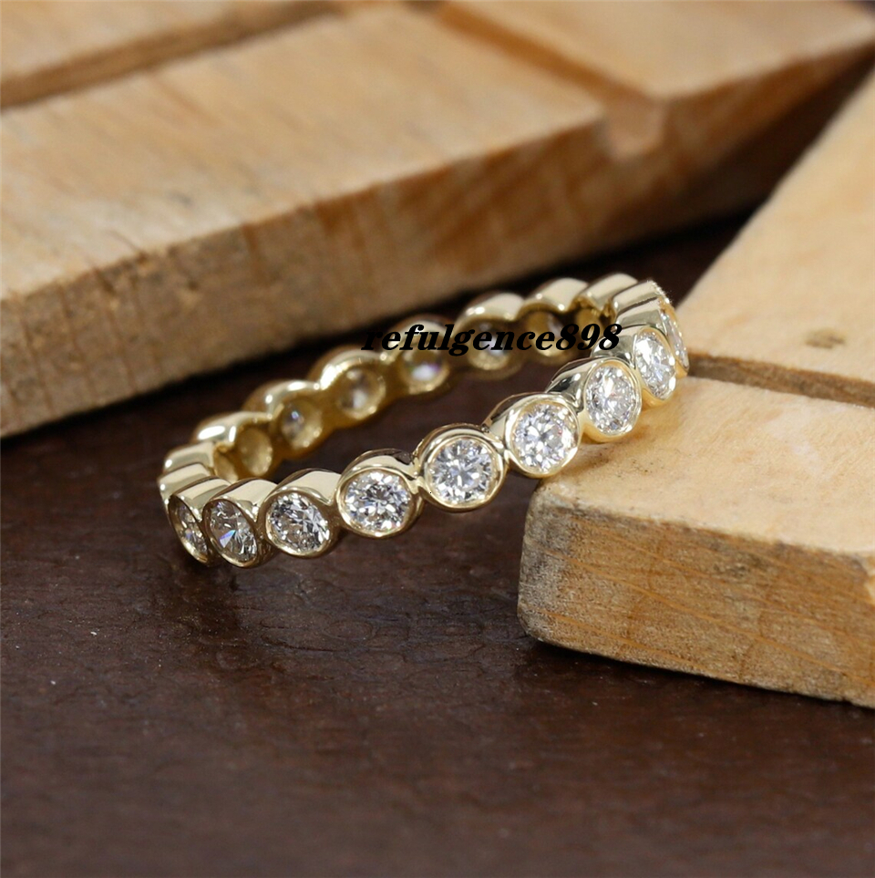 JY Jewelry 14K Rose Sollid Gold Round 2.0mm Bezel Set Lab Diamond Full Eternity Band Ring 18K Solid Gold Stackable Wedding Ring For Women Gift