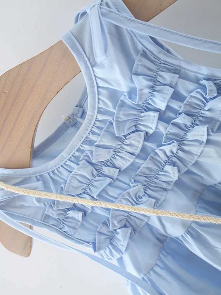 Summer 2025 childrens and girls sleeveless light blue cotton dress with ruffles and Str pockets a soft and comfortable baby girl outfit W250326