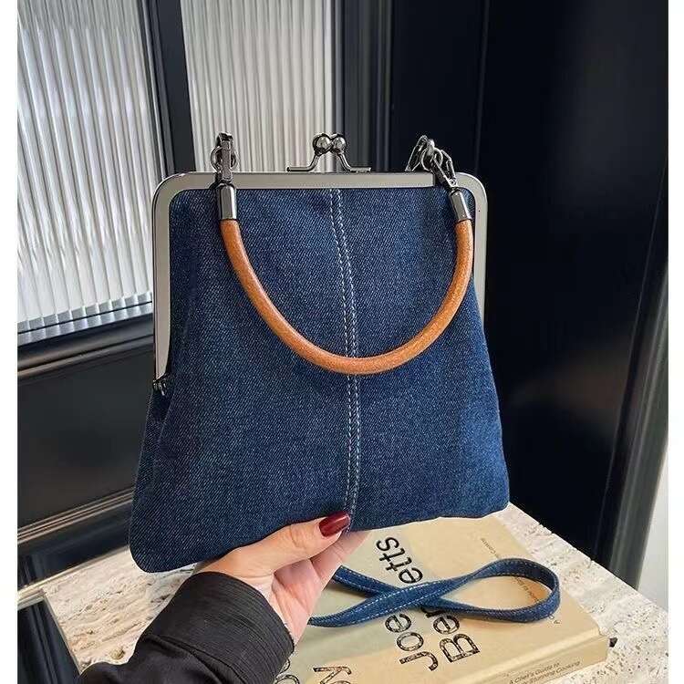 2024 autumn new women's handbag handmade denim splicing hand-held crossbody small shoulder bag