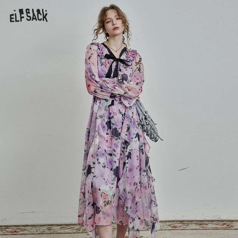ELFSACK 2025 Spring New Arrivals French Elegant Print Bow Tie Chiffon Pleated Ruffles Vacation Long Dress