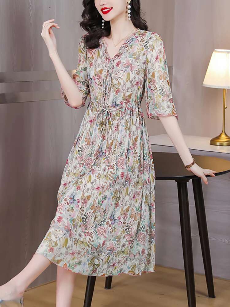 Women ral Chiffon Casual Beach Long Summer Fashion Flare Sleeve Ruffled V-Neck Dress 2024 Korean Elegant Dresses