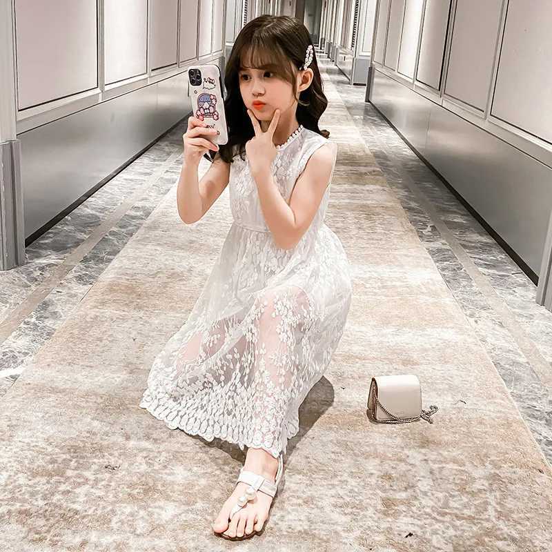 Summer 2025 Youth and Childrens Girls Clothing Flower Net Princess White Dress Sleeveless Shoulders 5 6 7 8 9 10 11 12 Years Old W250326