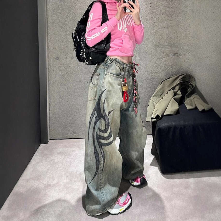 Trendy Printed Jeans, Women's High Street Spicy Girl Design Sense, Wide Leg Pants, Versatile Casual Floor Pants