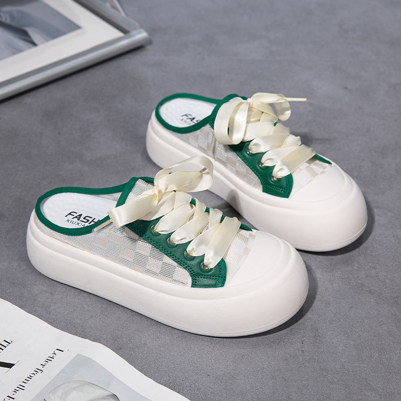 Designer Shoes 2025 Summer New Half Slippers White Thick Bottom Big Head Student Union Casual Hollow Cake Shoes Women's Checkered Printed Board S