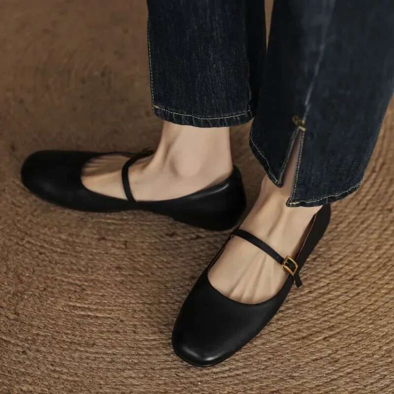 LeShion of Chanmeb Women's Real Leather Mary Jane Brown Vintage Buckle Comfort Flats Red Soft Black Ballet Shoes Ladies 40