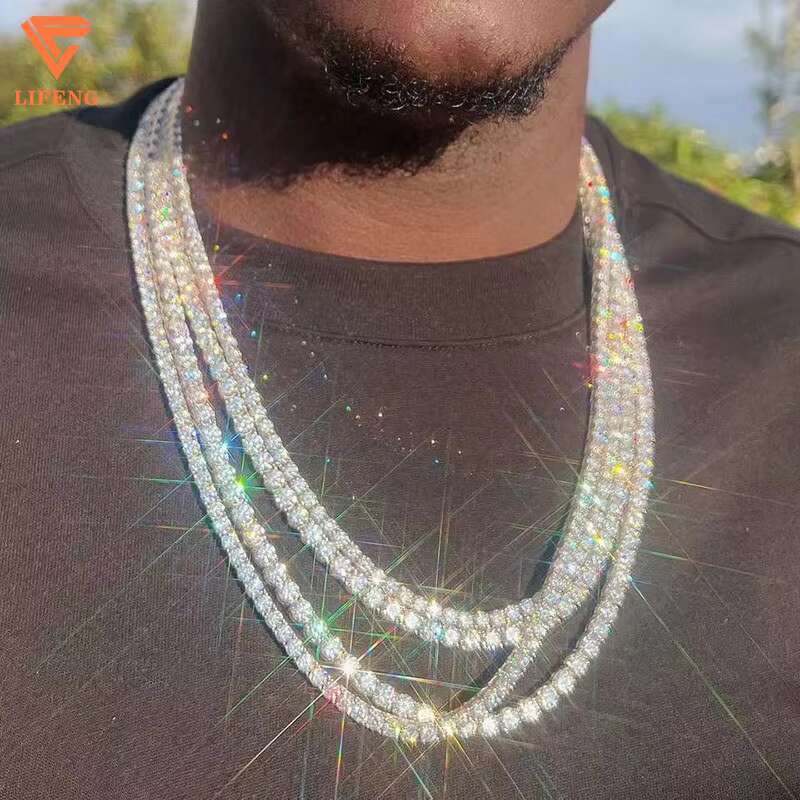 Iced Out Moissanite Chain Pass Diamond Test VVS Miossanite Jewelry 3mm 4mm 5mm 6mm 925 Sterling Silver Moissanite Tennis Chain