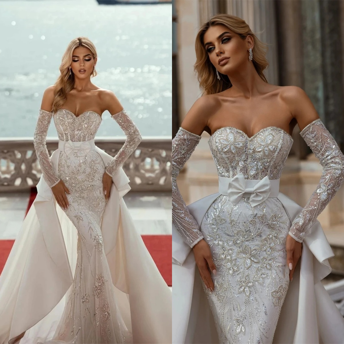 urious Mermaid Wedding Dress Sweetheart Neck Removable Sleeves Bridal Gowns Appliques Sequins Detachable Train Dresses Custom Made vestidos de novia