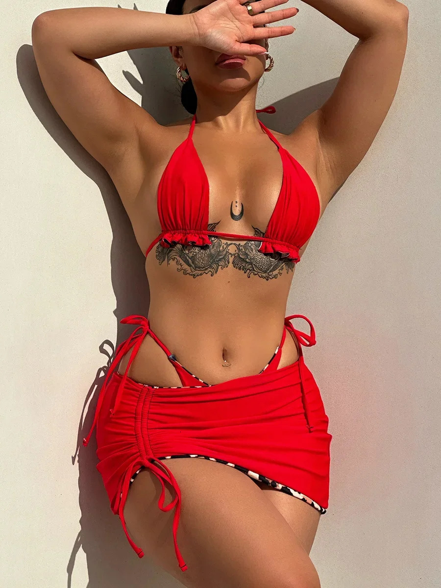 XS - L Doulbe Side Wearable Reversible Bikini Women Swimwear Female Swimsuit Three-pieces Bikini Set Ruffled Bathing Suit Swim 250324