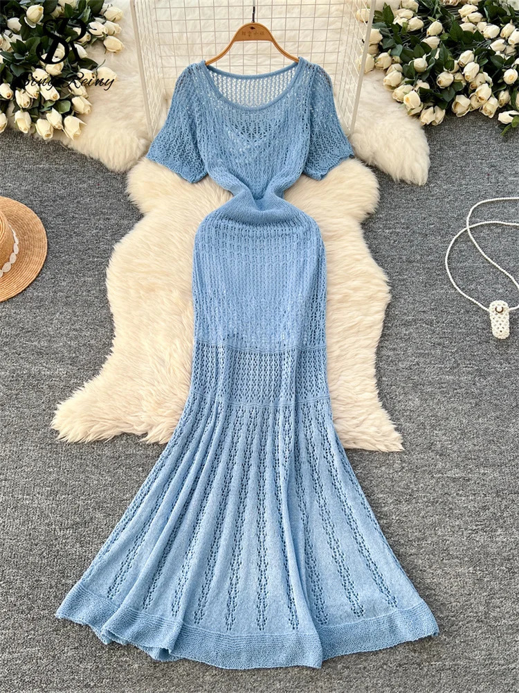 SINGREINY Vacation Style Casual Dress Suits Solid Strap Short SundressKnitting Hollow Out Long Dress Korean Women Beach Sets 250324