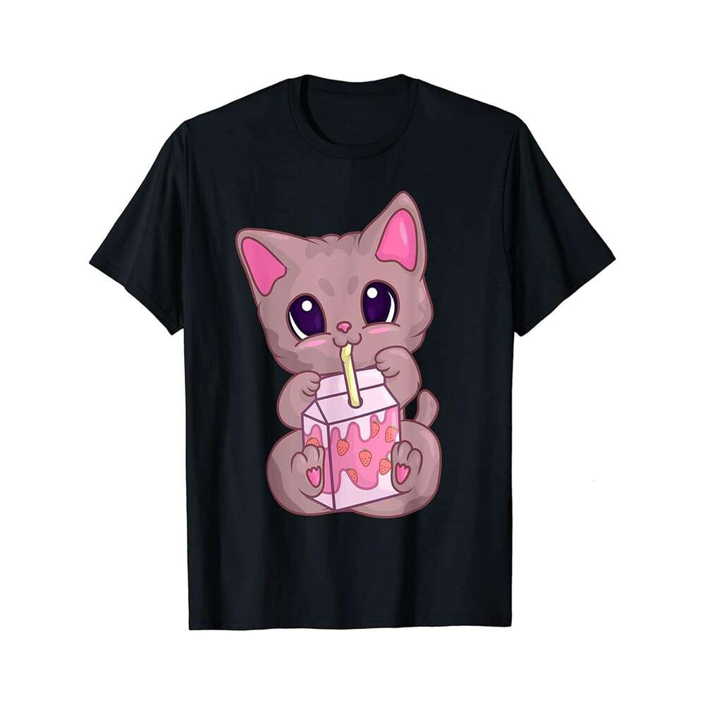 Designer T shirt Strawberry Milk Shirt For Men Girls Kawaii Neko Anime Cat - 220g Tshits