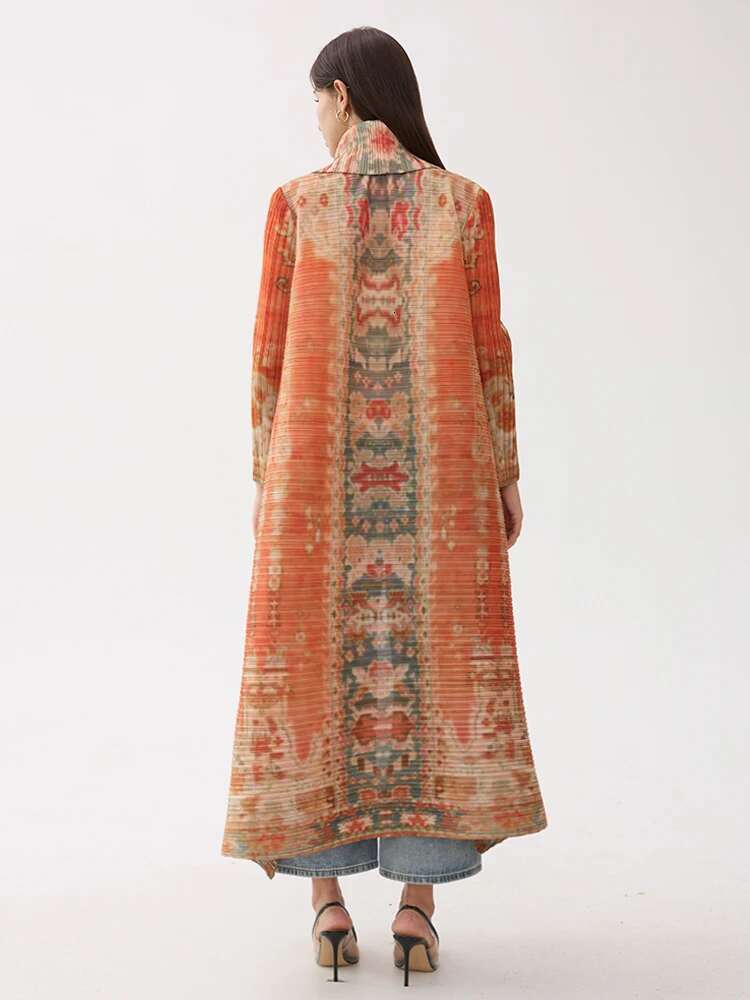 Miyake Pleated Vintage Printed Turn-Down Collar Sleeve Long Jacket Women Designer Abaya New Dubai Fashion Plus Size Coats