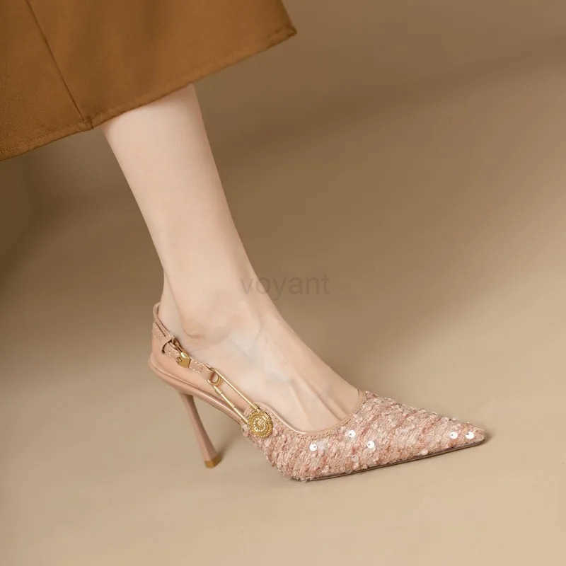 Pointed-toe Stiletto H Wens Sequins Cloth Spring and Summer New Straight Buckle Banquet Shoes Single Shoes Z250326