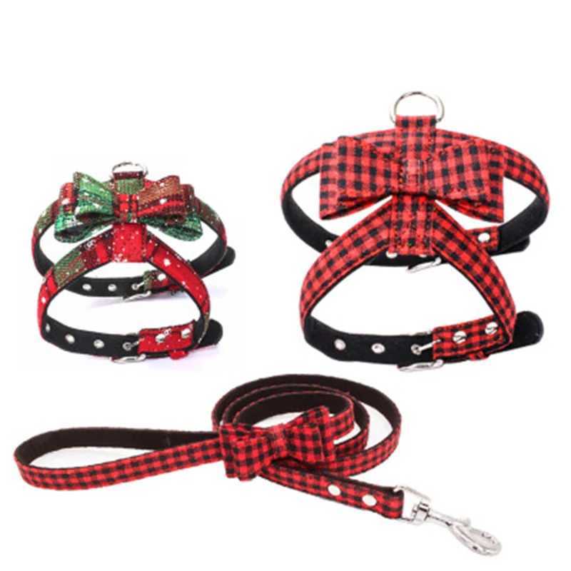 Cute bow dog harness with belt Christmas pet dog collar soft pet collar suitable for small pet supplies X250326