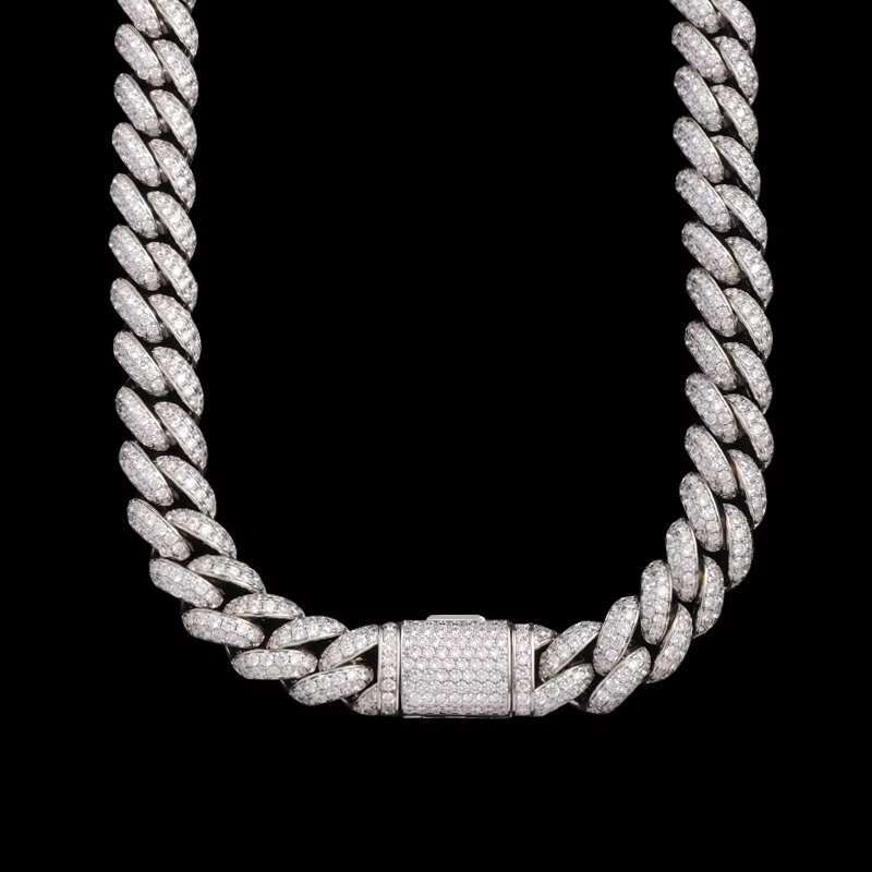 Hiphop Moissanite Jewelry High Quality Polish S925 Silver Micro Pave Two Rows 15mm Cuban Chains for Men