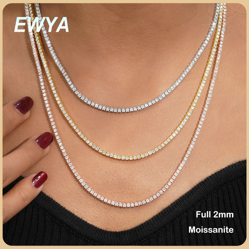 EWYA 2mm VVS Womens Mini Tennis Chain 925 Silver Pass Diamond Tester 16 18 20 24 inch Necklace Gift 250317
