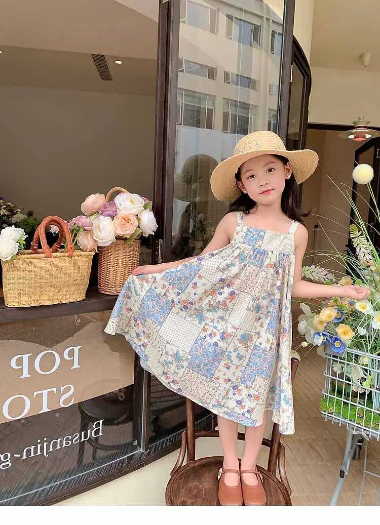 Girls casual dress with floral print and plain patch work sleeveless dress childrens clothing for girls aged 3 to 7 childrens clothing for girls W2503