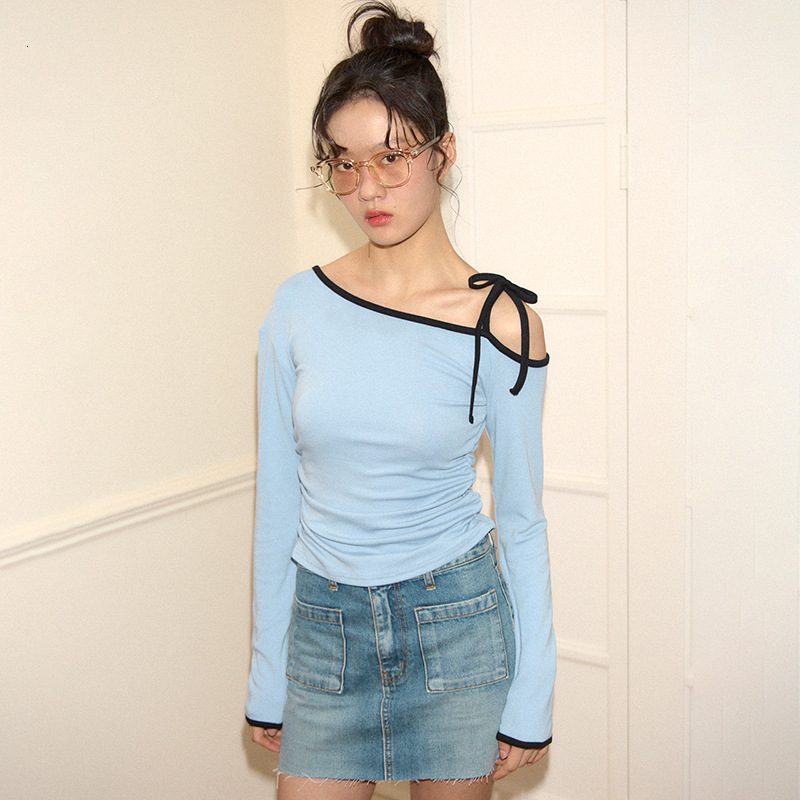 2025S Fashion Designer Y TP Women S Autumn And Winter Pullover Diagonal Collar Bow Tie Lace Up Off Shoulder Solid Color Short Top T Shirt