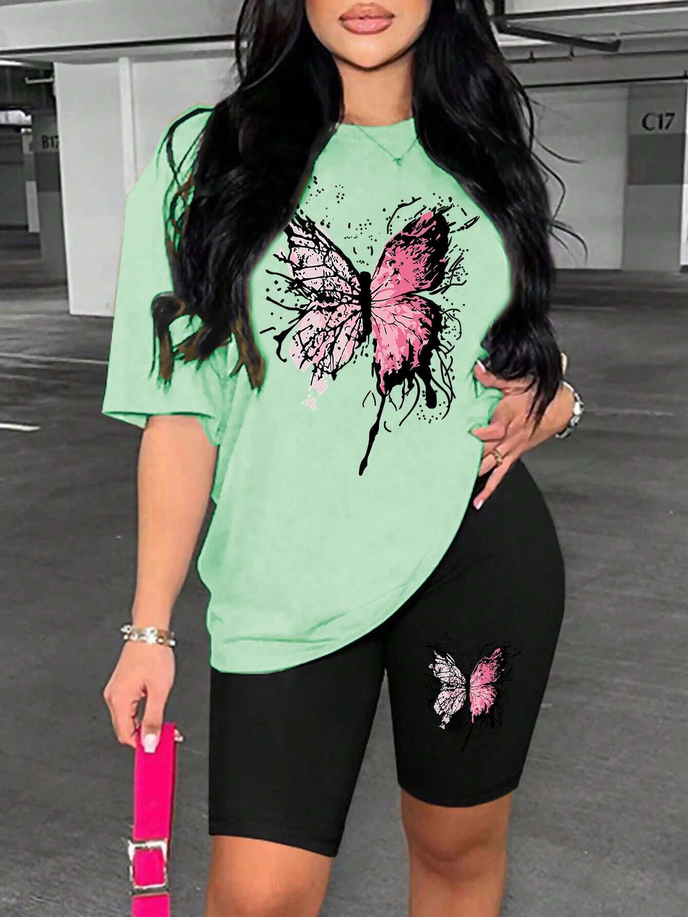 2025 Beautiful Butterfly Pattern Print For Women Short Sleeved Soft Essential Two Piece Set Sports Comfortable Shorts Sets ddmySept
