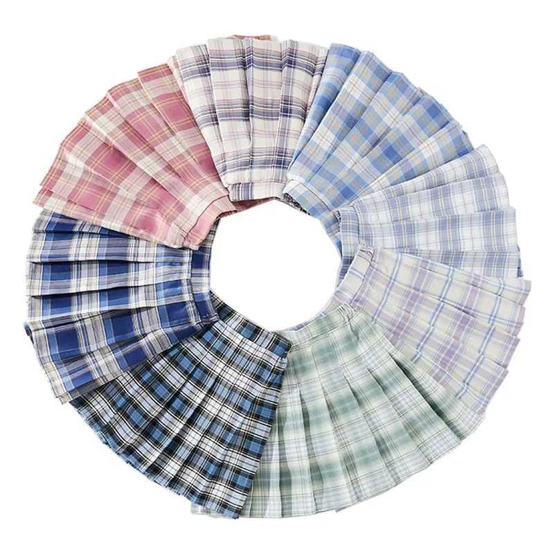 Girls Plaid Skirts Childrens School Uniform Preschool Pleated Tutu Blue Thin Slim High Waist Mini Skirts Childrens Clothing 2 to 13 Years OldT250326