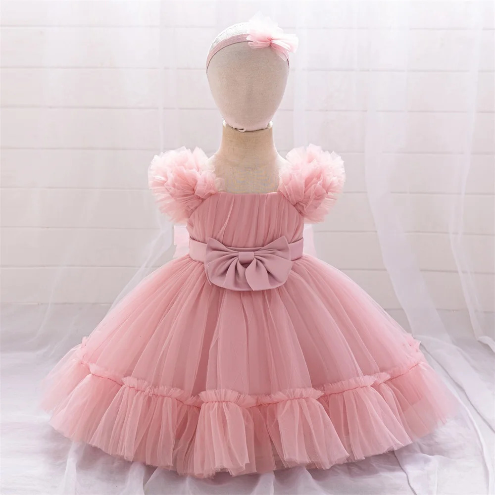 2pcs Lace Big Bow Party Tutu Dress For Baby Girls Fluffy Birthday Gown Princess Clothes Infant Summer Holiday Dresses Flash Wear 250325