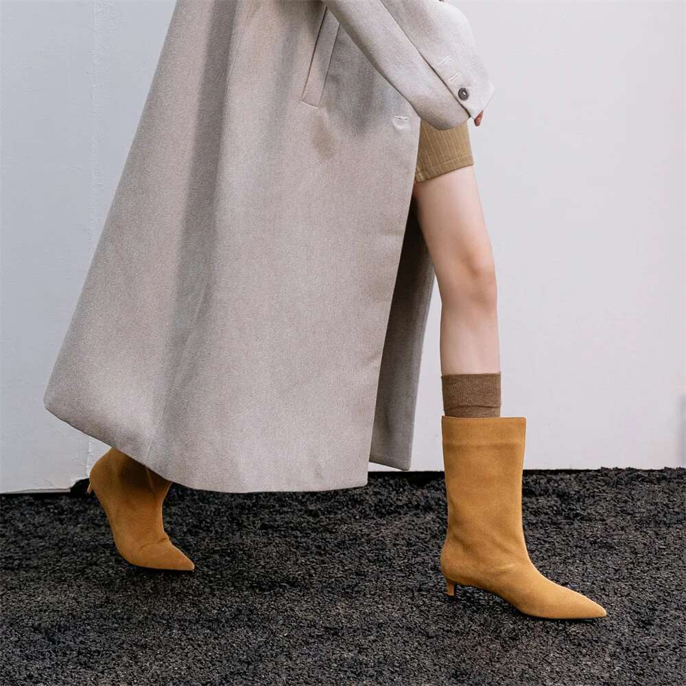 High Heel FEDONAS Sexy Women Pointed Toe Mid Calf Kitten Low Heels Warm Knight Boots Fashion Slip On Party Wedding Shoes Woman