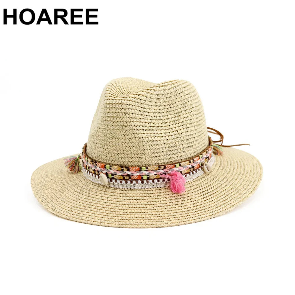 HOAREE Straw Sun Hat White Panama Hat Beach Womens Summer Caps Sombrero Female Fedora Casual Ladies Chapeau 250326