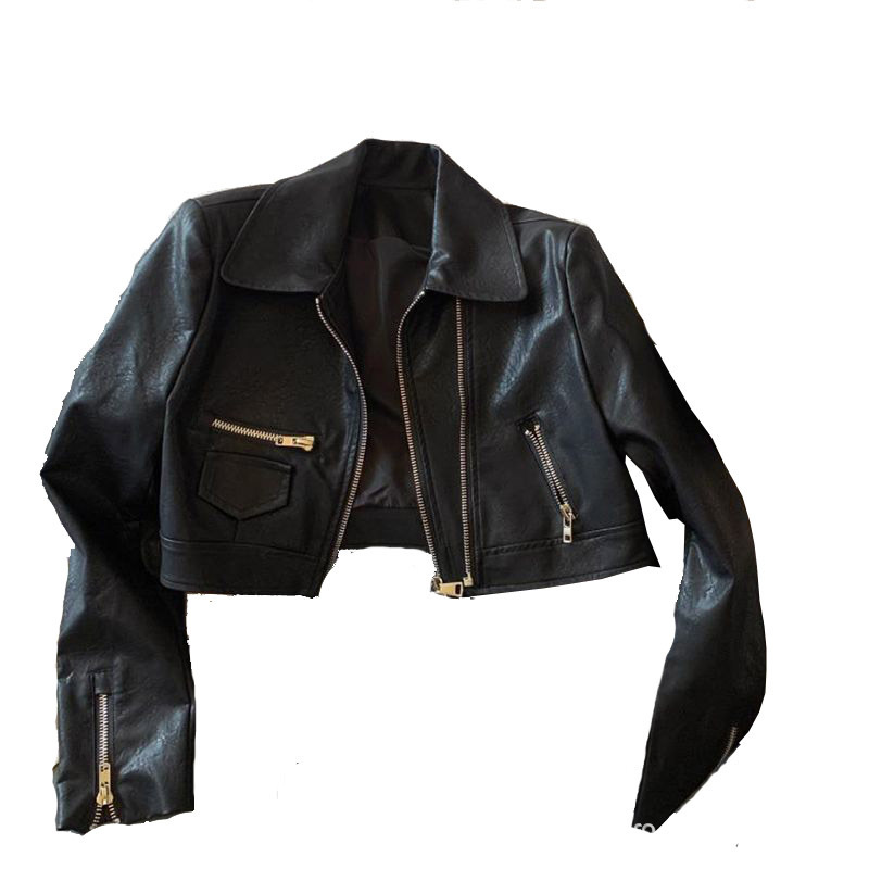 American trendy motorcycle suit slim fit short women's double zipper washed explosive street versatile PU leather jacket