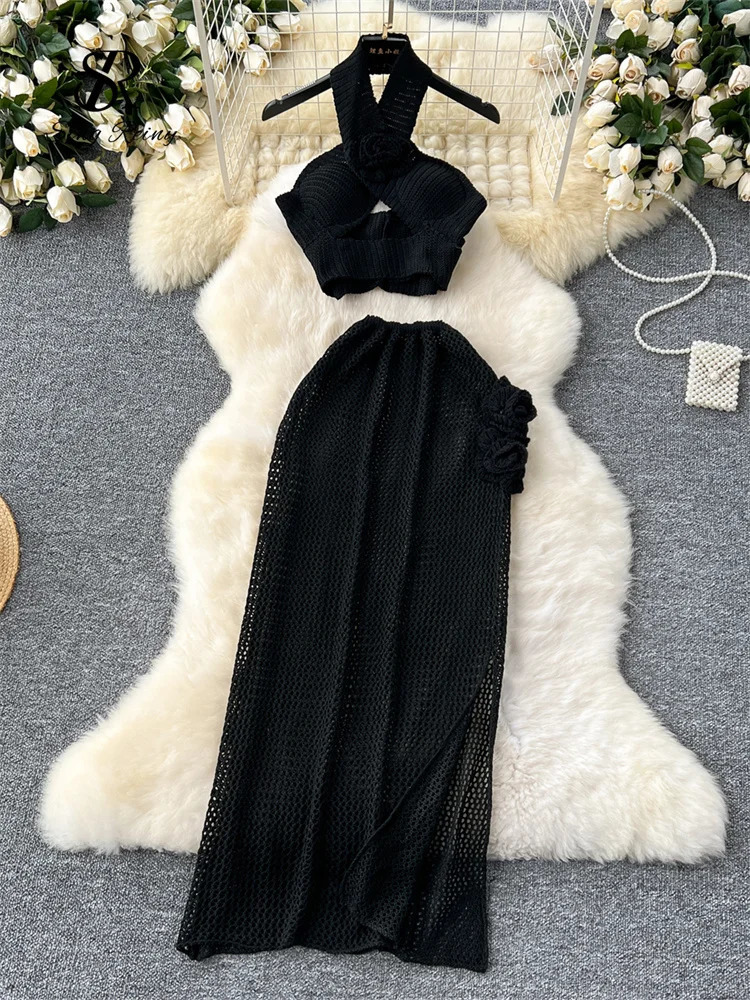 SINGREINY Summer 3D Knit Suits Halter Hollow Out Mini TopsLong Slim Side Split Skirt Women Beachwear Sexy 2 Pieces Sets 250324