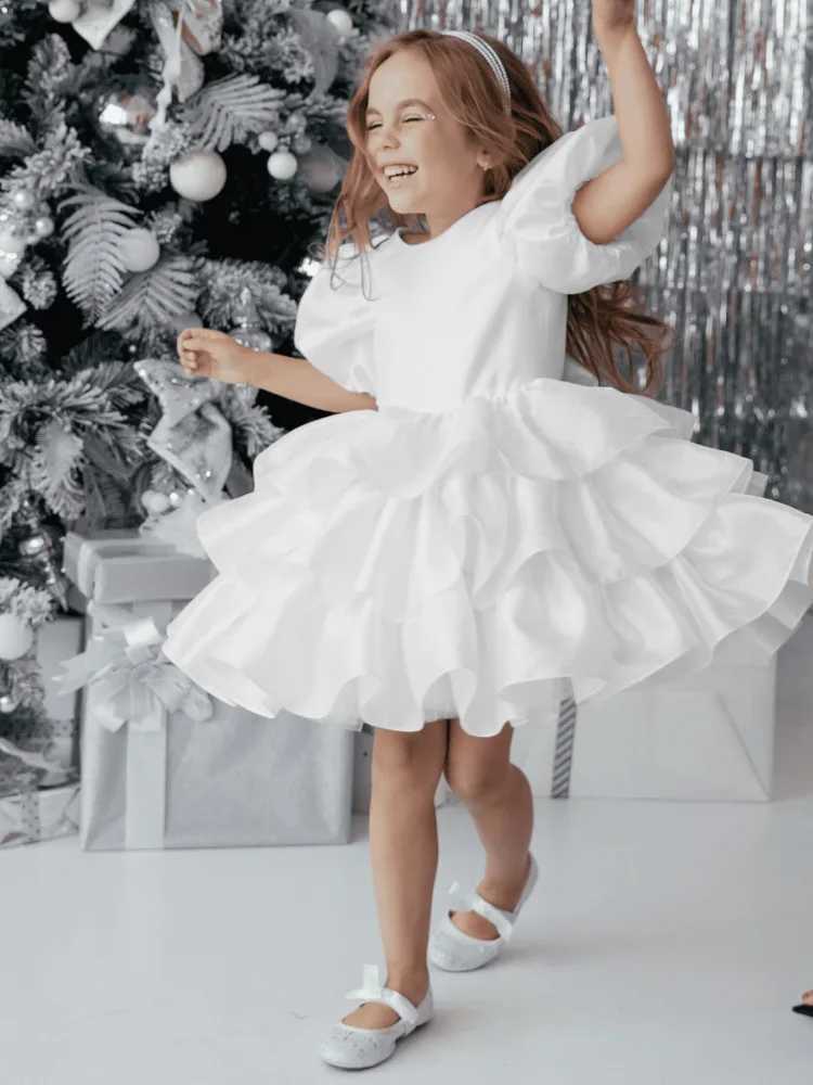 2024 Girl Y-White Bow Short Sleeve Wedding Birthday Party Christmas High End Dress W250326