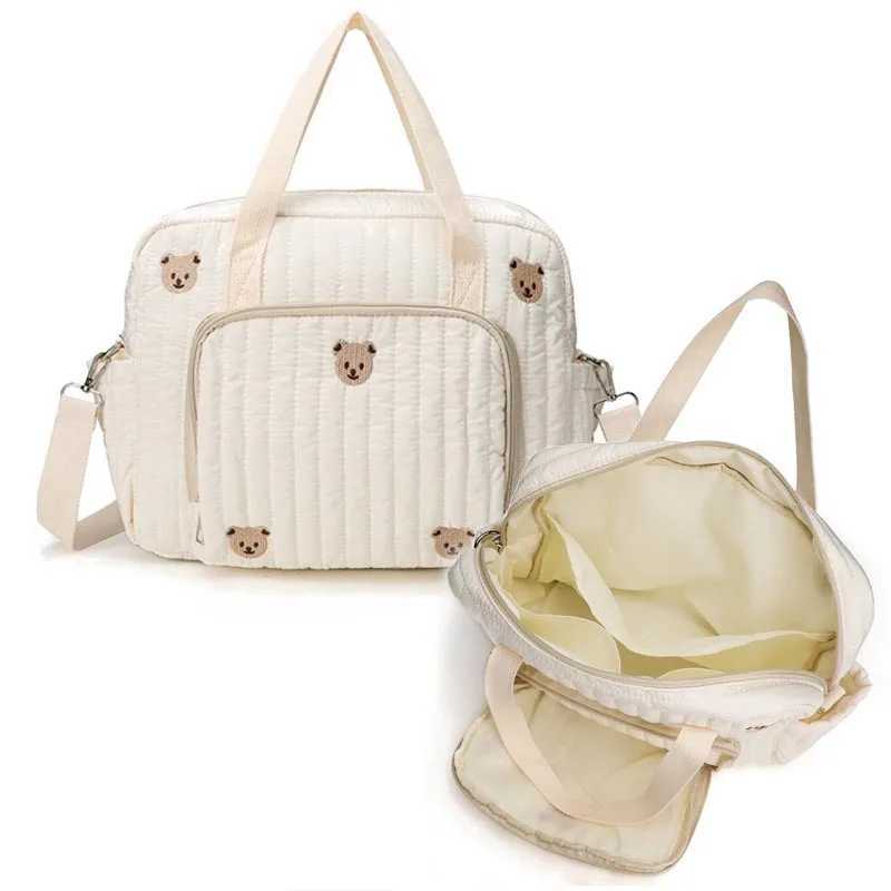 Baby Diaper Bag Cute Bear Flower Embroidery Pattern Mommy Bag Baby Beige Cotton Fabric Zipper Diaper Handbag New Luggage BagC250326