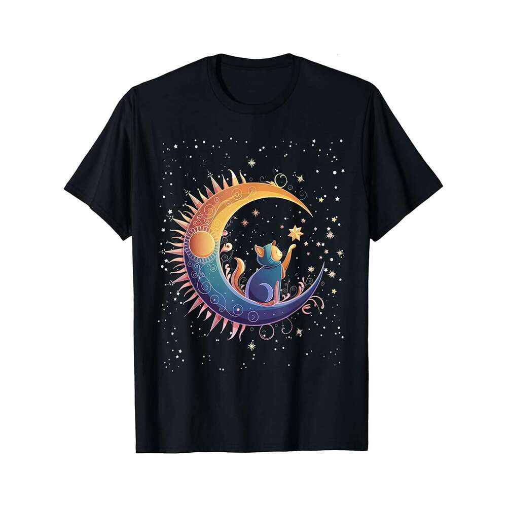 Designer T shirt Mystical Aesthetic Cat Sitting on Crescent Moon Lunar Cat - 220g Tshits
