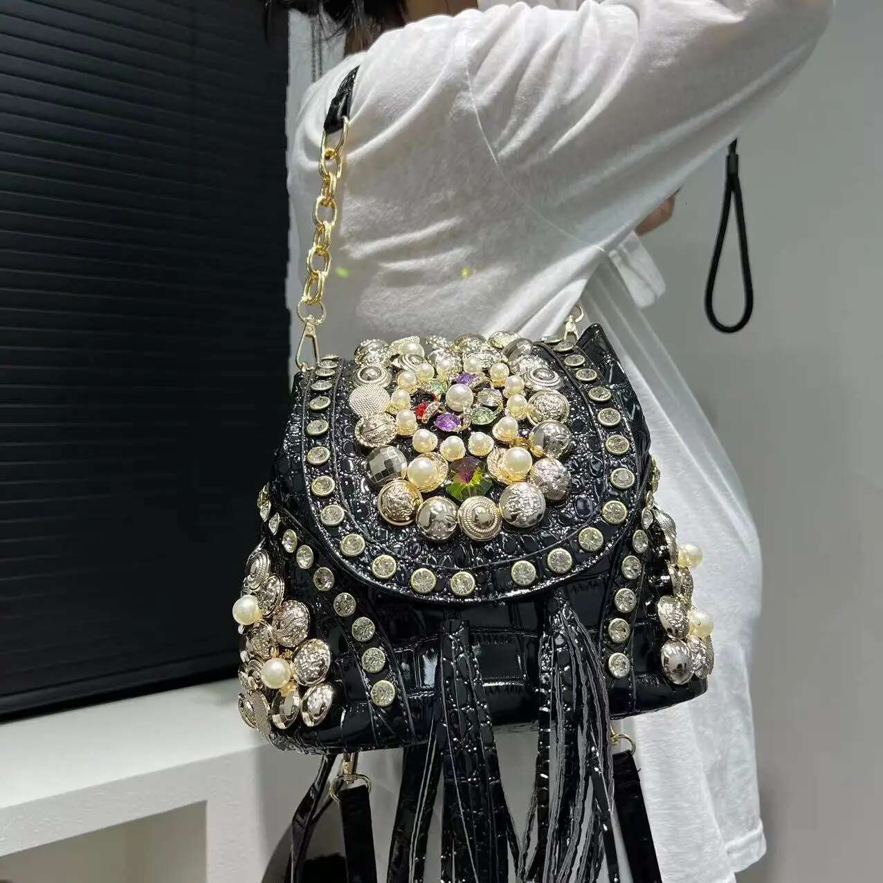 Women's Fashion Dia Handbag Elegant Evening Beaded Light Backpack Crossbody Bag