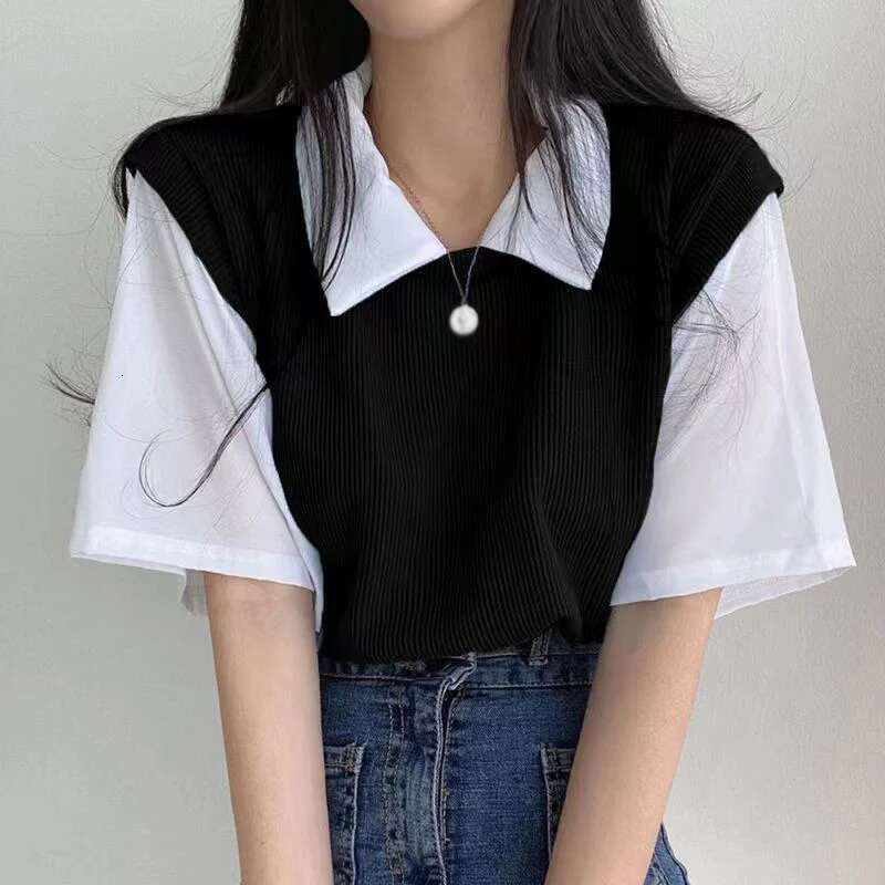 Ddmyshoesvip Women S Summer Fake Two Piece Lapel T Shirt Sweet College Style Girly Color Contrast Shrot Sleeve Casual Versatile Tops