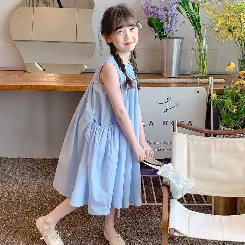 UNITIM Summer 2-12-year-old childrens and girls dress solid pleated sleeveless pocket childrens and girls dress cute loose teenage girls dress W250326