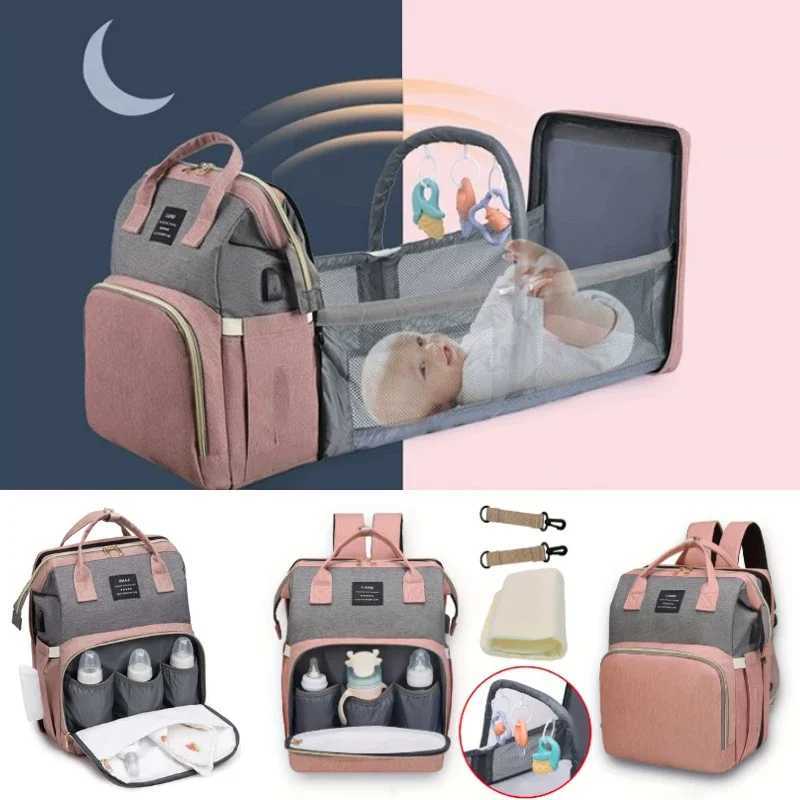 Foldable and Portable Mommy Backpack - with Crib Bed Straps Large Capacity Diaper Bag Maternity Bag for Baby New Baby EquipmentC250326