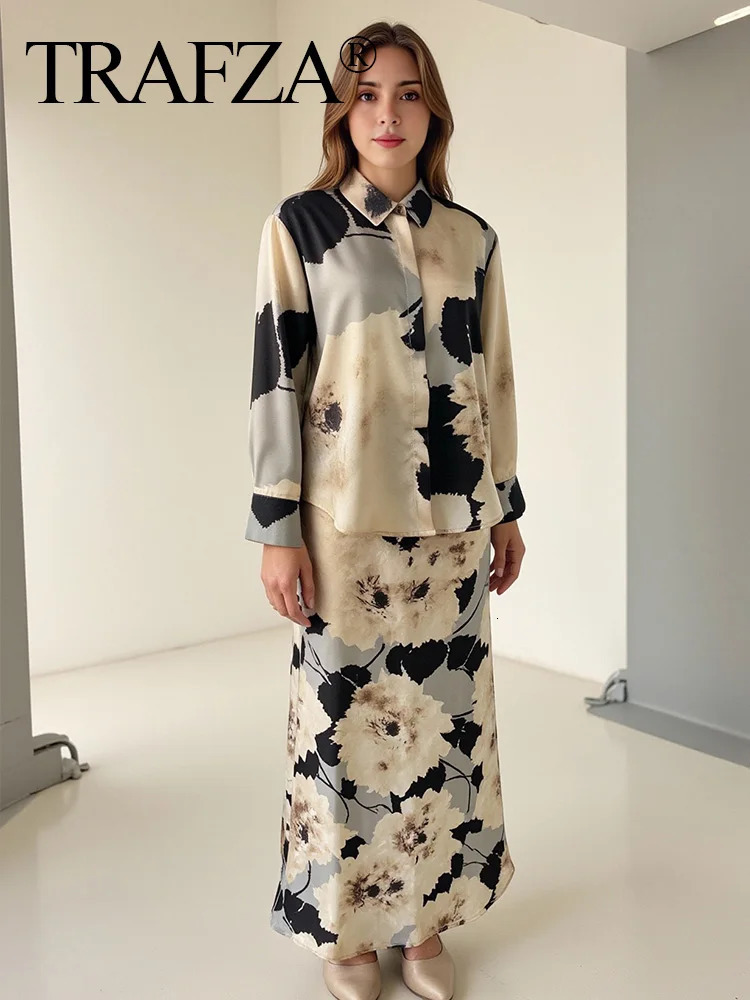 TRAFZA Womens Spring Fashion Silk Satin Texture Long Sleeve Printed Shirt Button Midi Dress Womens Printed Set 250321