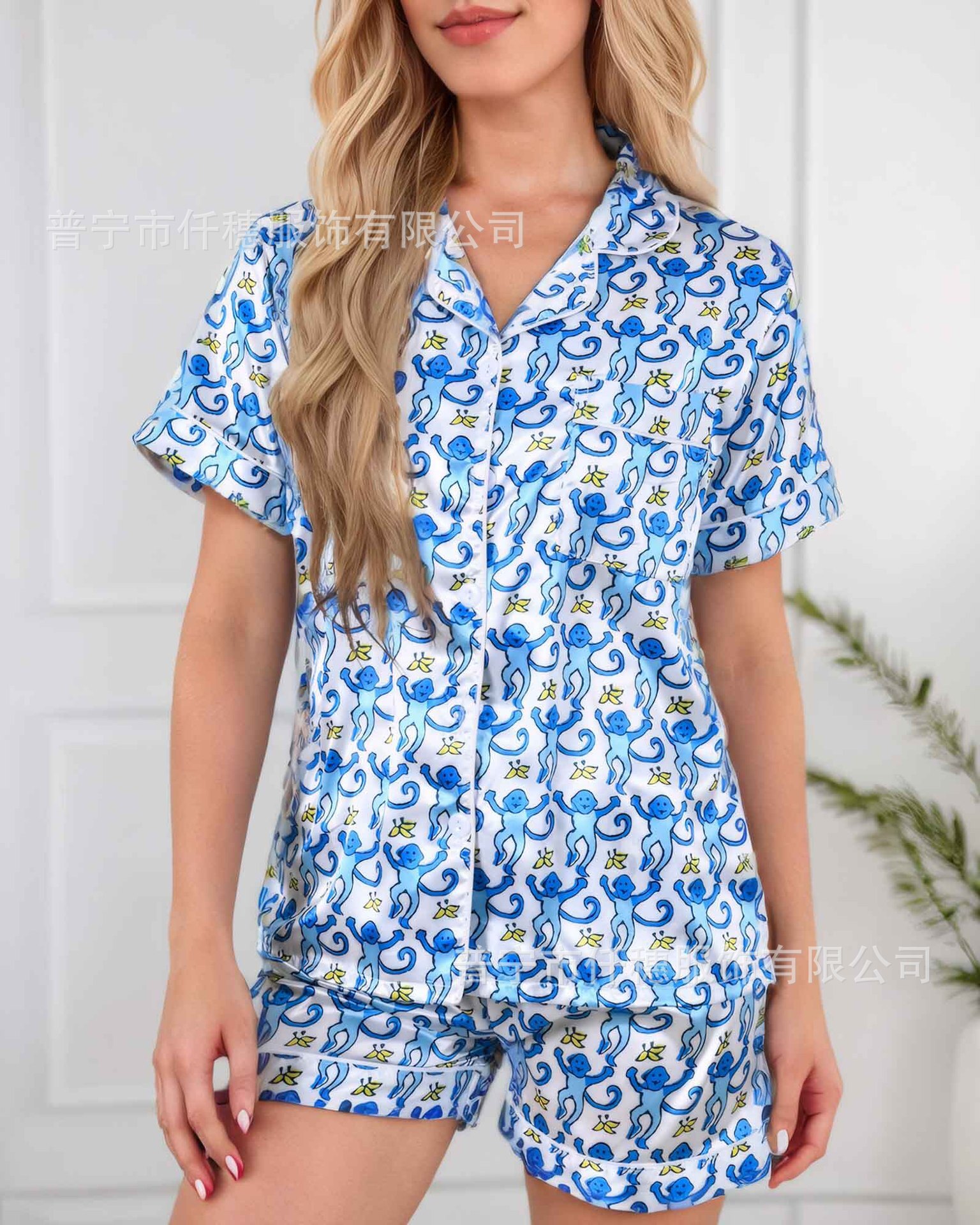 Summer Monkey South Korean Silk Print Set, Women's Pajamas, Large Size Home and Parent Child Residential Clothing