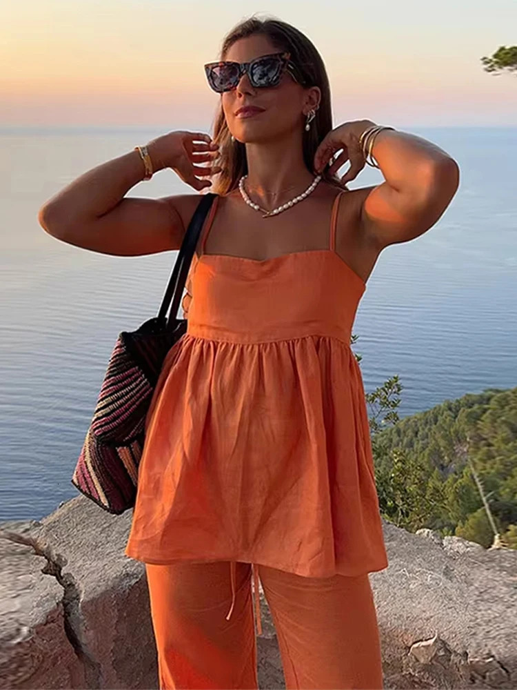 Orange brushed womens wide leg pants set elegant sleeveless pleated hem camisole top womens two-piece streetwear set 250321