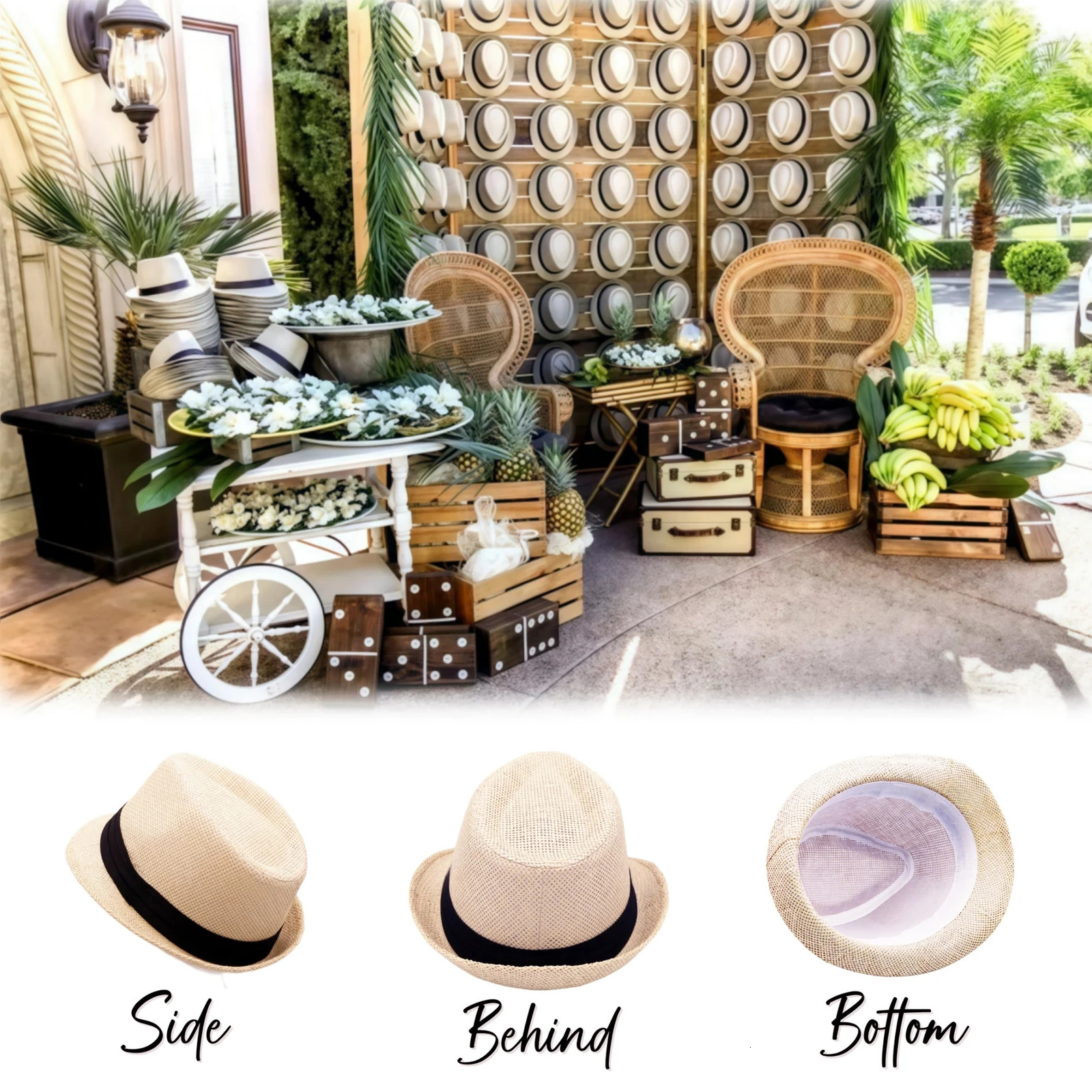 8-16 Short Brim Sun Panama Hats 1920s Straw Hats Bulk Beach Hats Jazz Hats Outdoor Wedding Beige Party Environment 60cm 250325