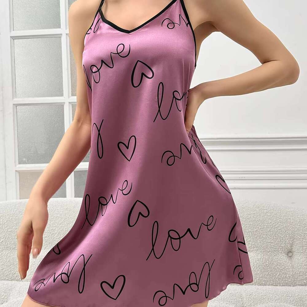 Women's Satin Sleepwear Sexy Nightgowns With Heart Print Sweet Suspenders Home Wear Night Dresses For Woman