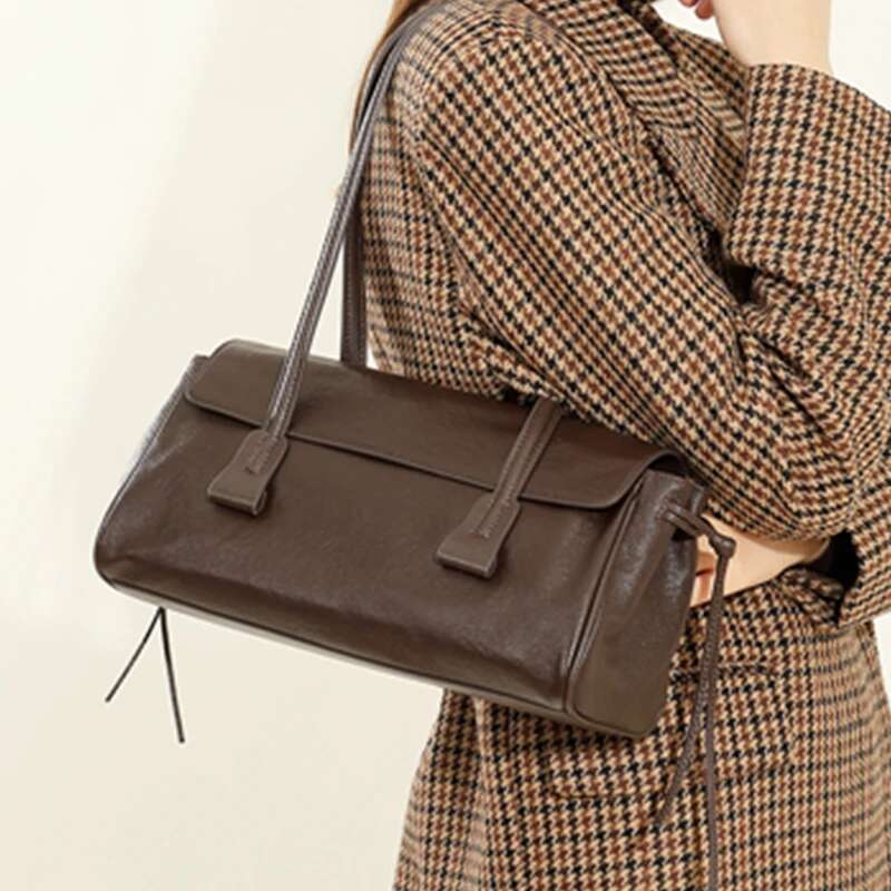 Burminsa Cowhide Genuine Leather Underarm Shoulder Bags For Women 2025 Designer Front Flap Pillow Tote Ladies Handbags