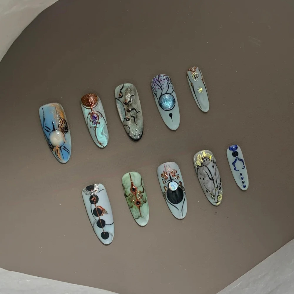 10Pcs Manicure Handmade Art Press on Nails Medium Long Oval Pattern ABS Nails Painting Art Style Nail with Set 250321