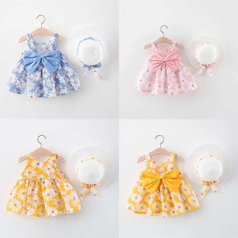 Summer New Floral Beach By Baby Girl Dress Sweet Bow Childrens Clothing With Free Hat(9 Months - 3 Years Old) W250326