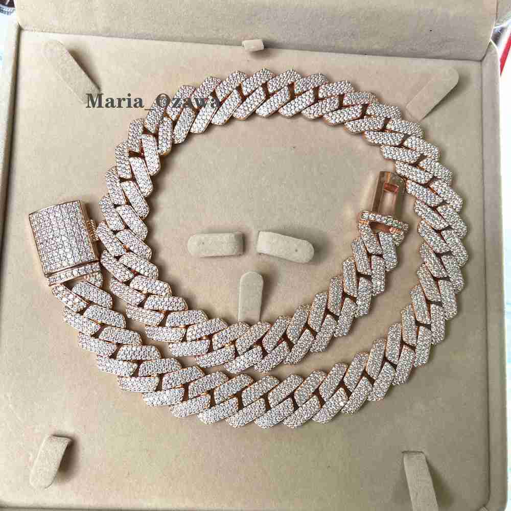 Ice Out Cuban Chain S925 Silver 18mm Wide 3 Row Moissanite Cuban Chain Necklace